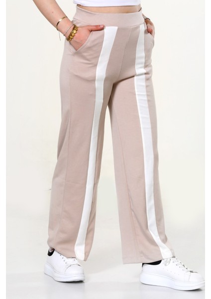Kadın Geniş Paça Şeritli Yüksek Bel Bol Eşofman Altı - Bej fiyatları