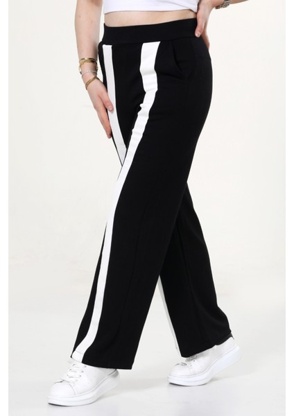 Kadın Geniş Paça Şeritli Yüksek Bel Bol Eşofman Altı - Siyah