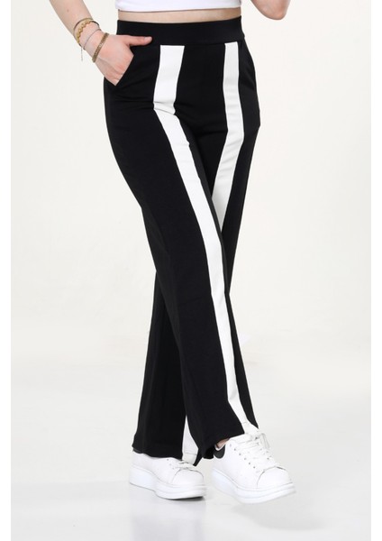 Kadın Geniş Paça Şeritli Yüksek Bel Bol Eşofman Altı - Siyah modelleri