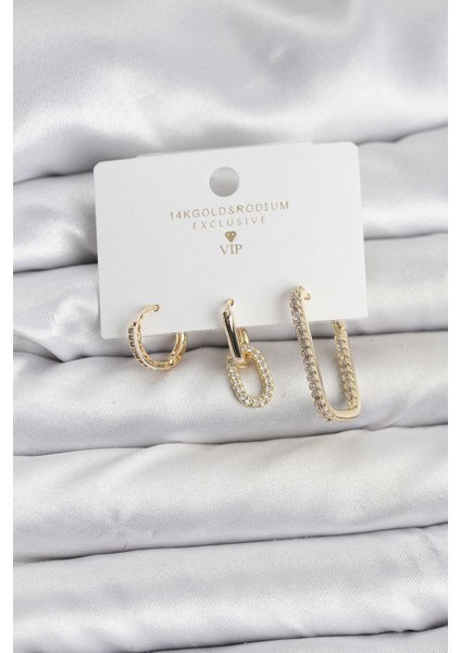 Gold Renk Zirkon Taşlı 3'lü Kadın Küpe Seti - Lisinya