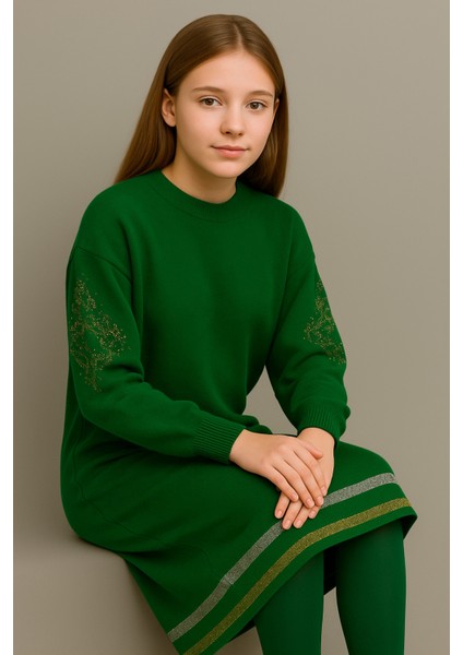 Kız Çocuk Uzun Kollu Desenli Triko Elbise – Rahat Kalıp, Günlük ve Şık Model - Yeşil modelleri