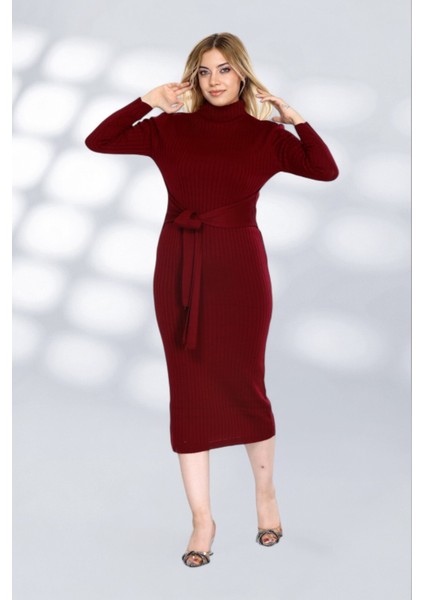 Kendinden Kuşaklı Düz Çizgili Tasarımlı Kısa Triko Rahat Elbise Şık ve Moderen - Bordo fiyatları