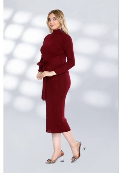 Kendinden Kuşaklı Düz Çizgili Tasarımlı Kısa Triko Rahat Elbise Şık ve Moderen - Bordo modelleri