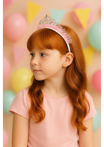 Taşlı ve Taraklı Koyu Pembe Renkli Kız Çocuk Prenses Taç- Kutulu