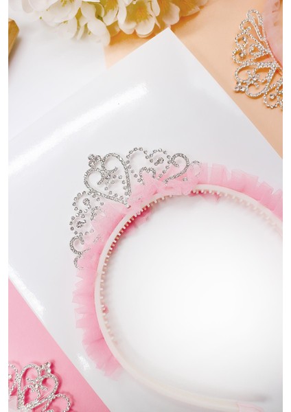 Taşlı ve Taraklı Koyu Pembe Renkli Kız Çocuk Prenses Taç- Kutulu modelleri