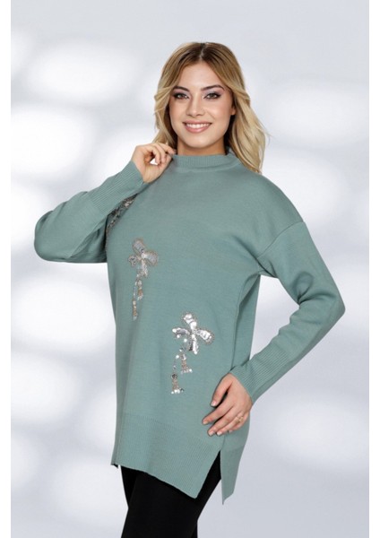 Çiçek Taş Işlemeli Uzun Kollu Triko Tunik Zarif ve Konforlu Günlük Kombinlere Uygun - Yeşil