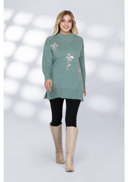 Çiçek Taş Işlemeli Uzun Kollu Triko Tunik Zarif ve Konforlu Günlük Kombinlere Uygun - Yeşil fiyatları