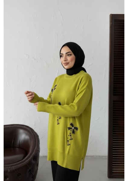 Çiçek Taş Işlemeli Uzun Kollu Triko Tunik Zarif ve Konforlu Günlük Kombinlere Uygun - Sarı fiyatları