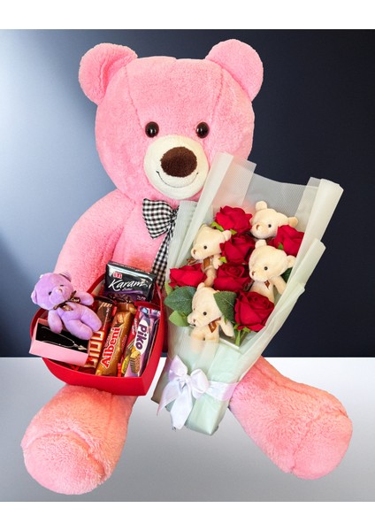 Sevgiliye Hediye: Ayıcıklı Gül Buketi, Çikolatalı Kolyeli Kutu ve 90CM Pembe Ayıcık