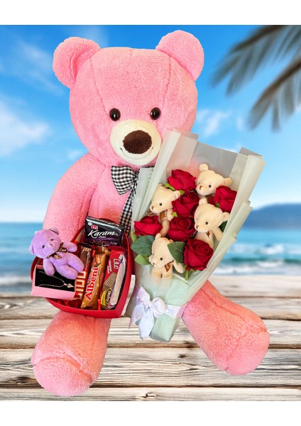Sevgiliye Hediye: Ayıcıklı Gül Buketi, Çikolatalı Kolyeli Kutu ve 90CM Pembe Ayıcık fiyatları