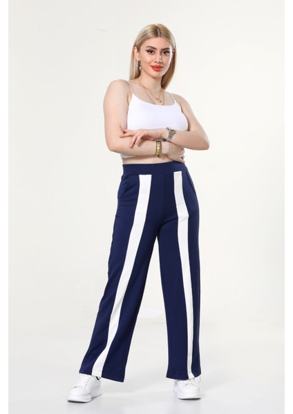 Kadın Geniş Paça Şeritli Yüksek Bel Bol Eşofman Altı - Lacivert
