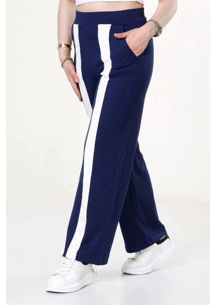 Kadın Geniş Paça Şeritli Yüksek Bel Bol Eşofman Altı - Lacivert fiyatları