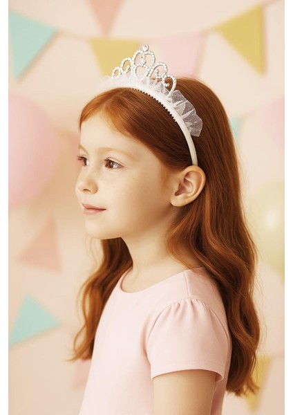 Taşlı ve Taraklı Beyaz Renkli Kız Çocuk Prenses Taç- Kutulu