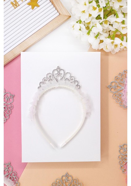 Taşlı ve Taraklı Beyaz Renkli Kız Çocuk Prenses Taç- Kutulu