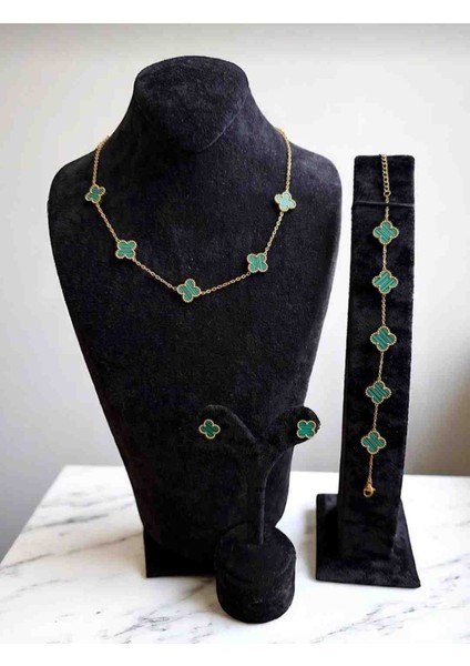 Gold Yeşil Yonca Küpe Bileklik Kolye Seti 3lü Set