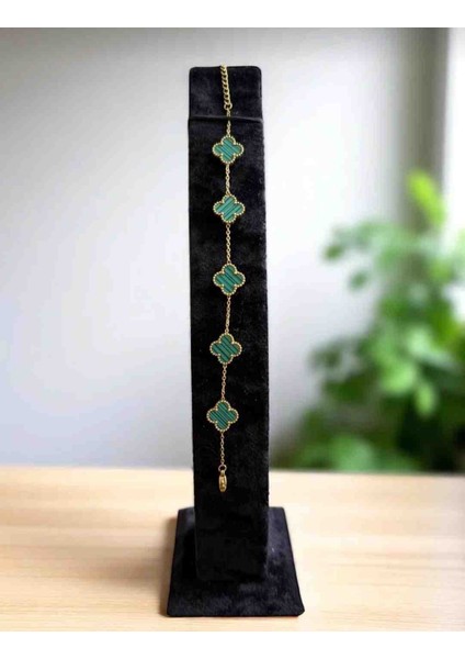 Gold Yeşil Yonca Küpe Bileklik Kolye Seti 3lü Set modelleri