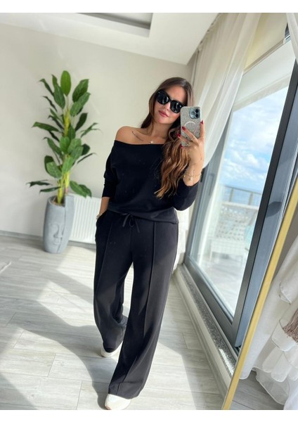 Cottonlab Kadın Uzun Kollu Tek Omuzdan Açık Modal Bluz ve Pantolon Ikili Takım