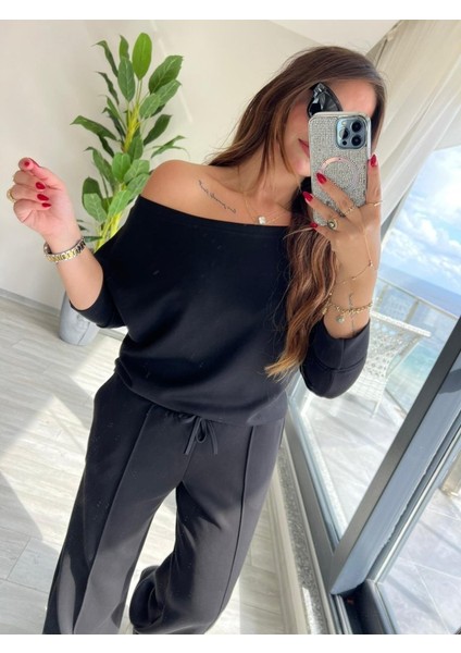 Cottonlab Kadın Uzun Kollu Tek Omuzdan Açık Modal Bluz ve Pantolon Ikili Takım modelleri