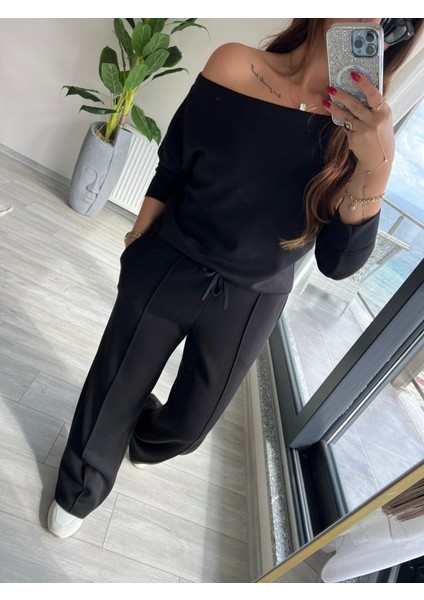 Cottonlab Kadın Uzun Kollu Tek Omuzdan Açık Modal Bluz ve Pantolon Ikili Takım