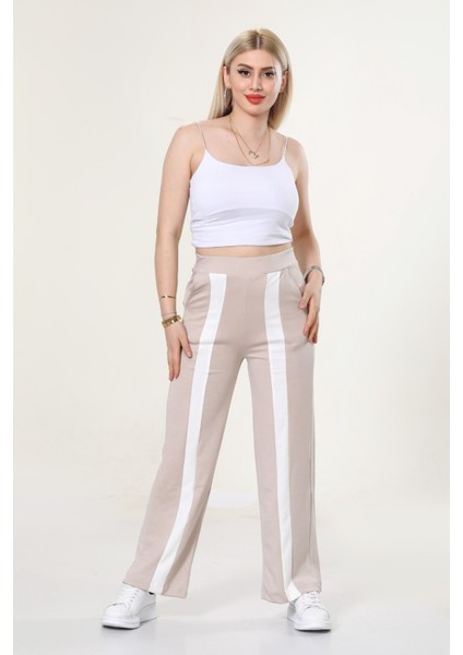 Kadın Geniş Paça Şeritli Yüksek Bel Bol Eşofman Altı - Bej