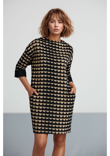 Kadın Turuncu Sarı Geometrik Desenli Oversize Büyük Beden Curve Spor Şık Elbise