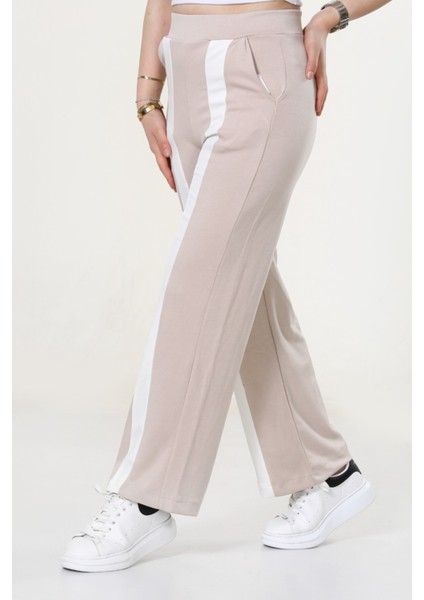 Kadın Geniş Paça Şeritli Yüksek Bel Bol Eşofman Altı - Bej modelleri