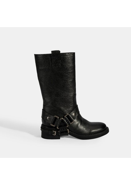 Kadın Siyah Metal Aksesuarlı Deri Biker Bot fiyatları