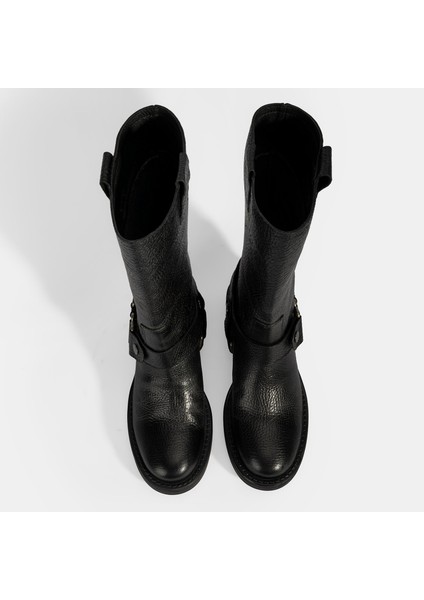 Kadın Siyah Metal Aksesuarlı Deri Biker Bot