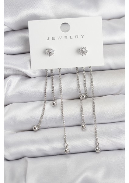 Topçuk Model Gümüş Renk Pirinç Sallantılı Kadın Küpe Seti - Lisinya