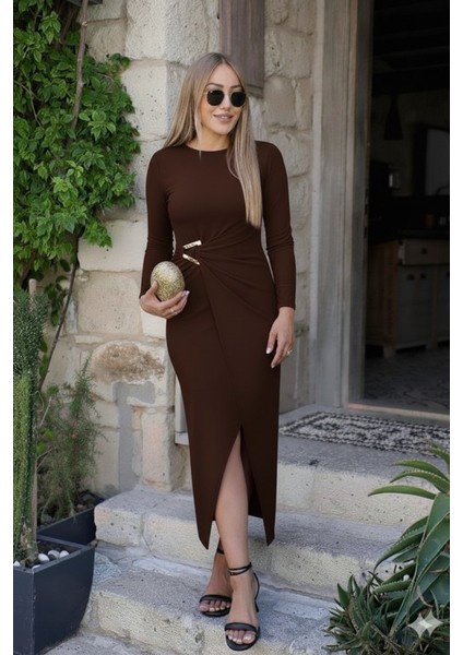 Cottonlab Kadın Uzun Kollu Önden Çapraz Detaylı Yandan Toka Detaylı Uzun Sandy Elbise