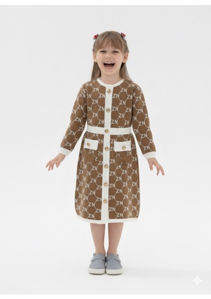 Harf Desenli Yumşak Dokulu Düğmeli Cep Detaylı Çocuk Triko Elbise 10-16 Yaş - Bej fiyatları