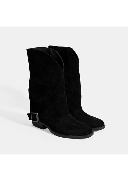 Kadın Siyah Katlama Detaylı Süet Bot