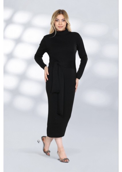 Kendinden Kuşaklı Düz Çizgili Tasarımlı Kısa Triko Rahat Elbise Şık ve Moderen - Siyah fiyatları