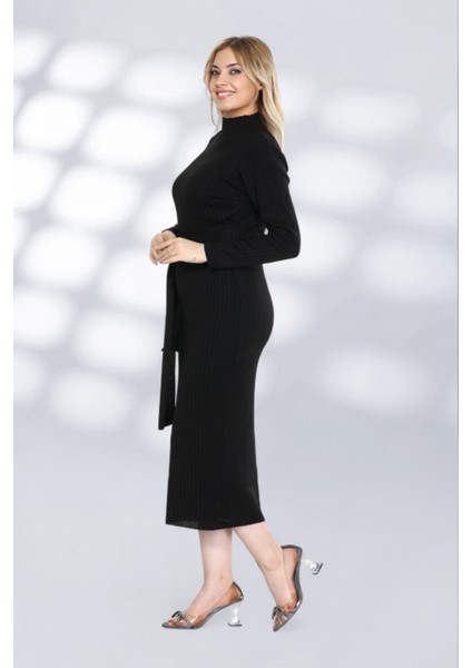Kendinden Kuşaklı Düz Çizgili Tasarımlı Kısa Triko Rahat Elbise Şık ve Moderen - Siyah modelleri