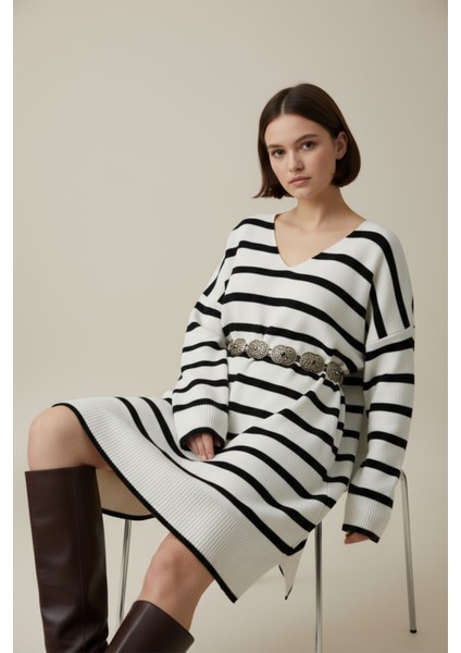 Siyah Beyaz Çizgili Triko Elbise V Yaka, Yumuşak Dokulu, Şık Basic Model - Ekru