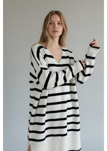 Siyah Beyaz Çizgili Triko Elbise V Yaka, Yumuşak Dokulu, Şık Basic Model - Ekru indirimleri