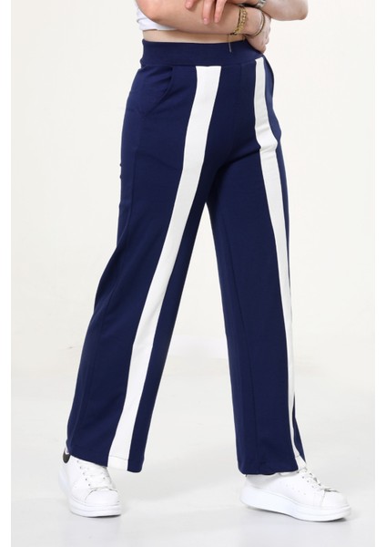 Kadın Geniş Paça Şeritli Yüksek Bel Bol Eşofman Altı - Lacivert modelleri