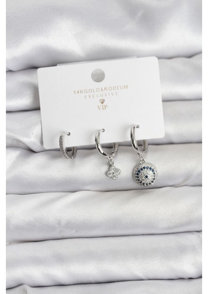 Nazar Model Gümüş Renk Pirinç 3'lü Kadın Küpe Seti - Lisinya