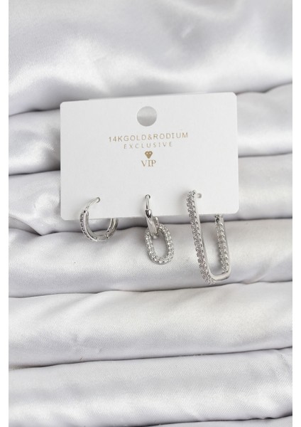 Gümüş Renk Zirkon Taşlı 3'lü Kadın Küpe Seti - Lisinya