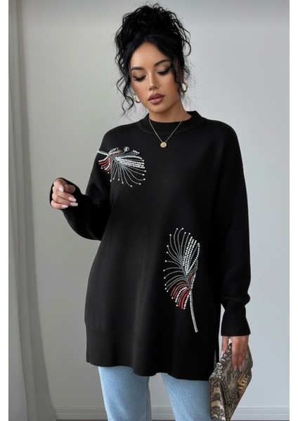 Taş Işlemeli Şık Tasarım Uzun Kollu Triko Tunik Rahat Kalıp Günlük ve Özel Gün Kombinlerine Uygun