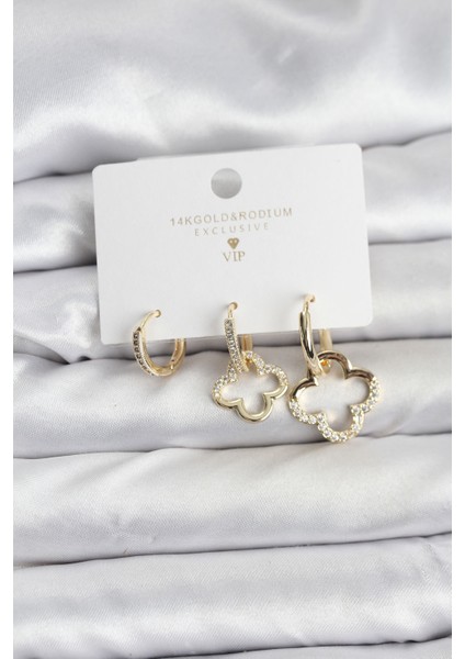 Yonca Model Gold Renk Pirinç 3'lü Kadın Küpe Seti - Lisinya