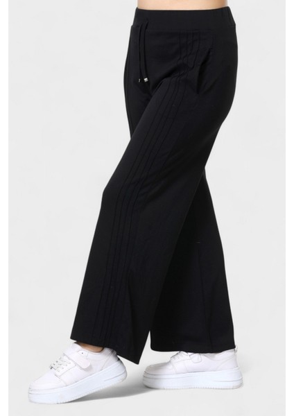 Trend Geniş Paça Şeritli Beli Bağcıklı Rahat Kesim Eşofman Altı - Siyah fiyatları