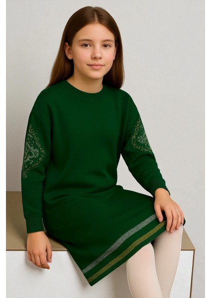 Kız Çocuk Uzun Kollu Desenli Triko Elbise – Rahat Kalıp, Günlük ve Şık Model - Yeşil