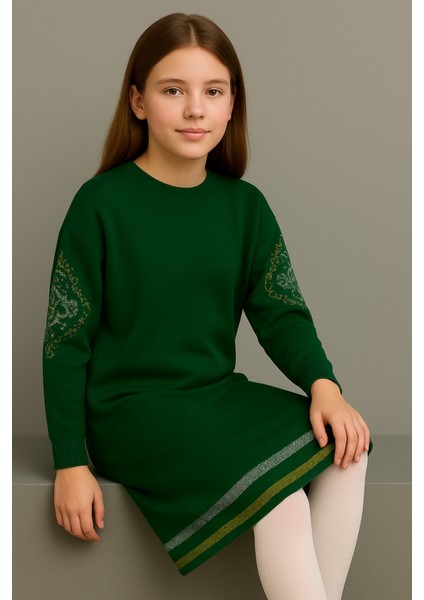 Kız Çocuk Uzun Kollu Desenli Triko Elbise – Rahat Kalıp, Günlük ve Şık Model - Yeşil fiyatları