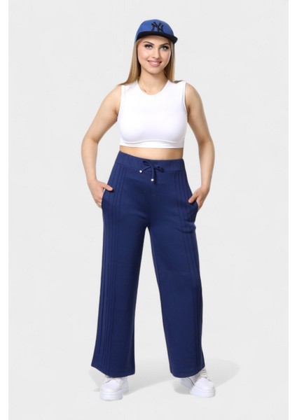 Trend Geniş Paça Şeritli Beli Bağcıklı Rahat Kesim Eşofman Altı - Lacivert