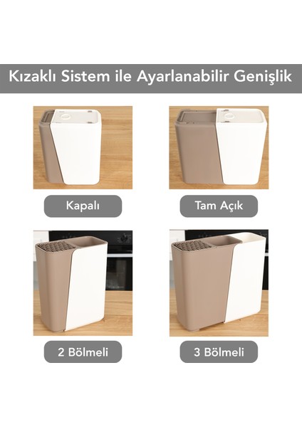 Ayarlanabilir Kaşık Bıçak Standı - Uzayabilen Bölmeli Organizer Bıçaklık Tezgah Üstü Kaşıklık Latte