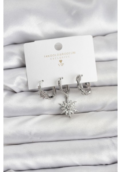 Pirinç Gümüş Renk Kutup Yıldızı Model 3'lü Kadın Küpe Seti - Lisinya