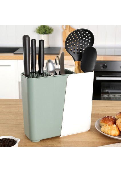 Ayarlanabilir Kaşık Bıçak Standı - Uzayabilen Bölmeli Organizer Bıçaklık Tezgah Üstü Kaşıklık Yeşil