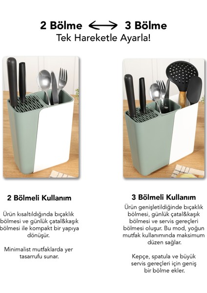 Ayarlanabilir Kaşık Bıçak Standı - Uzayabilen Bölmeli Organizer Bıçaklık Tezgah Üstü Kaşıklık Yeşil fiyatları