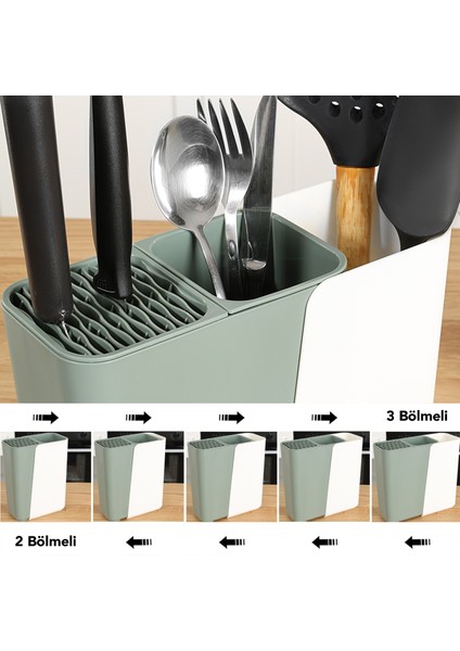 Ayarlanabilir Kaşık Bıçak Standı - Uzayabilen Bölmeli Organizer Bıçaklık Tezgah Üstü Kaşıklık Yeşil modelleri